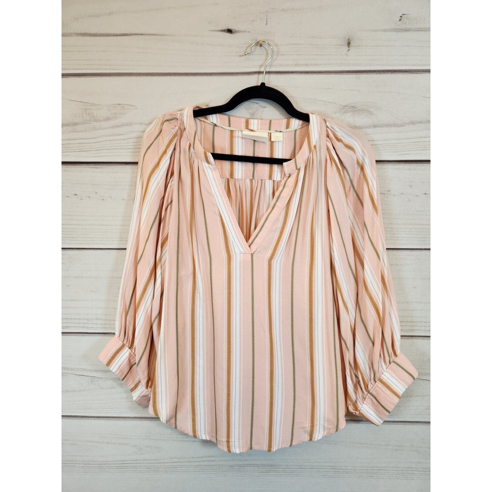 Maeve Womens XS Pink Striped Blouse V-Neck Balloon Sleeve Rayon Top